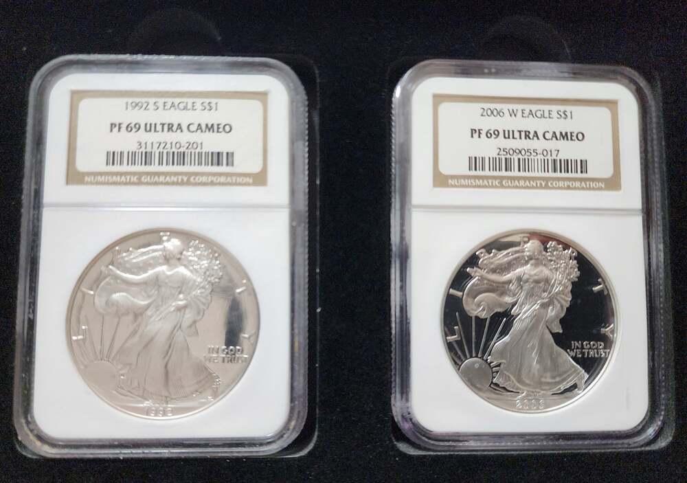 1992‑S & 2006‑W American Silver Eagle PF69 UC NGC 2‑Coin Set w/ Gift Box